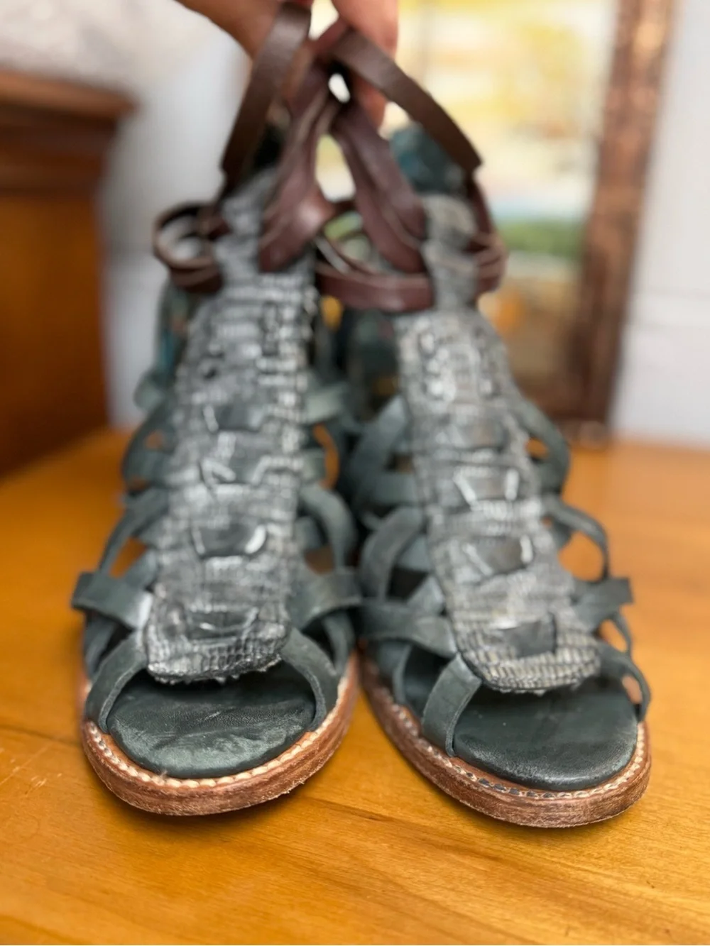 Freebird By Steven Dark Teal Leather Block Heel Sandals Brown Ankle Straps Sz 9